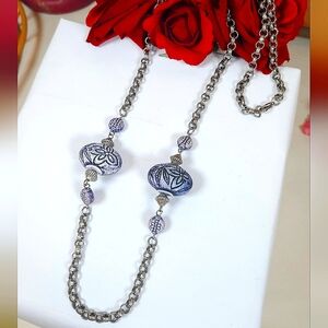 Vintage Ornate Etched Chain Linked Floral Beaded Necklace Long Chain Necklace